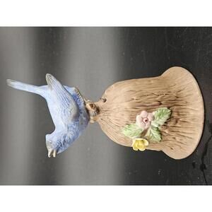 Vintage Blue Jay Bisque Porcelain Bell Nature Theme Tree Trunk Finial 4.5 in